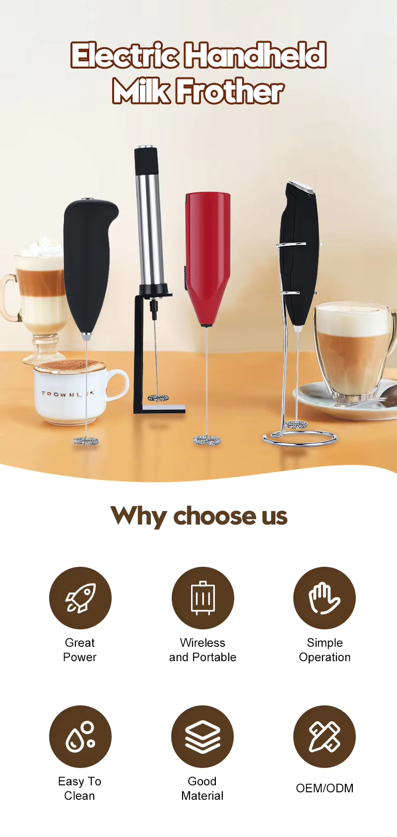 Eco-Friendly Mini Automized Electric Handheld Stainless Steel Milk Foamer Modern Battery Operated Milk Blender